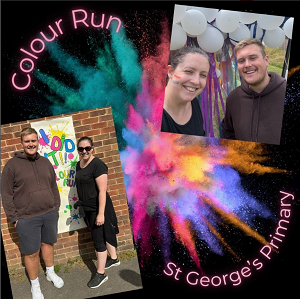 a woman and man smiling at a colour run