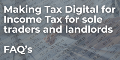 Someone typing on a computer keyboard with a spreadsheet full of numbers laid over the top of it with the text "Making tag digial for income tax for sole traders and landlords FAQs" MTD IT