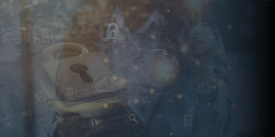 A computer generated image of a padlock on a motherboard with an image of a woman having her finger scanned to create an image of having identity checked or scanned with companies house